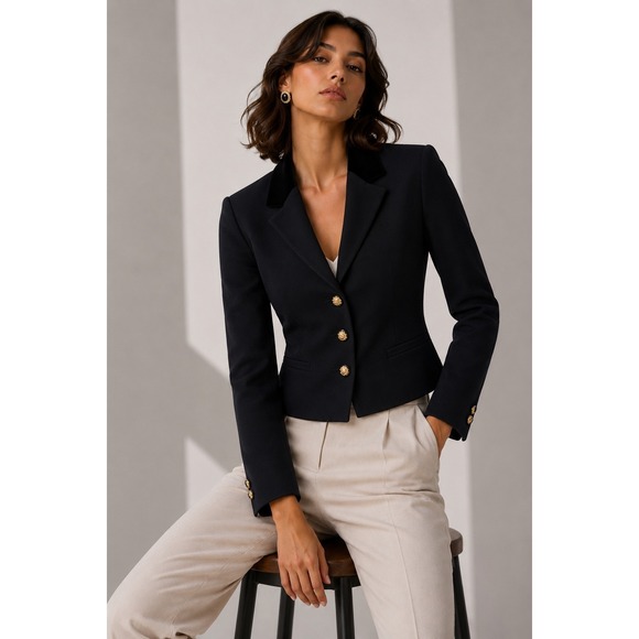 CHANEL Jackets & Blazers - Vintage 80s Chanel Boutique Cropped Black Wool Silk Lion Head Button Blazer xs